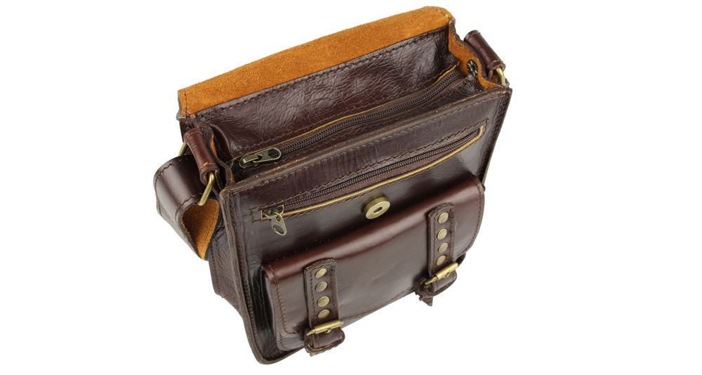 вертикальная кожаная сумка с наплечным ремнём с карманами коричневая
