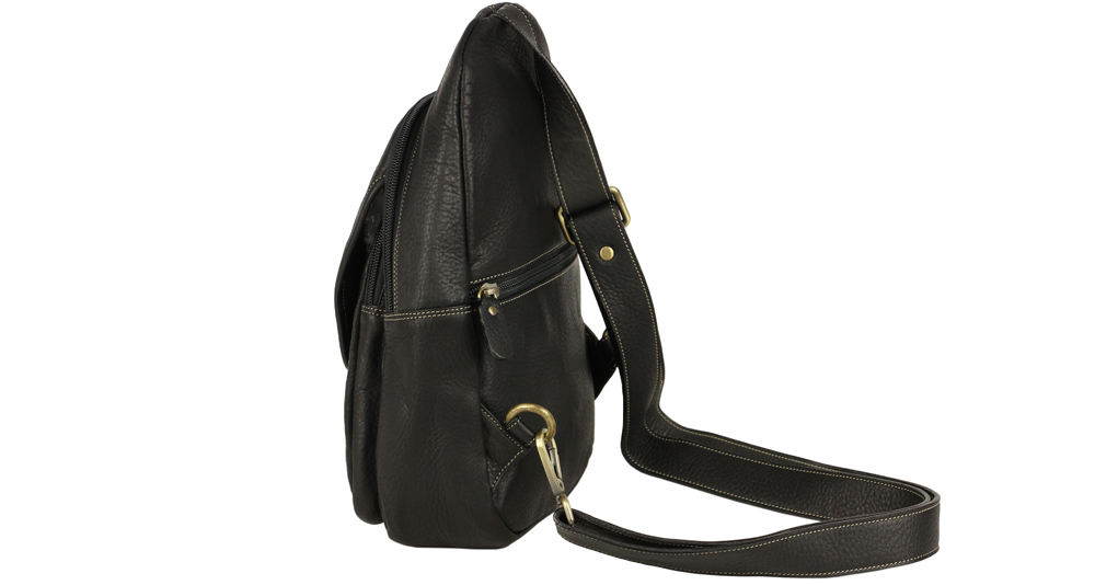 компактный черный рюкзак с одной лямкой из натуральной кожи черного цвета