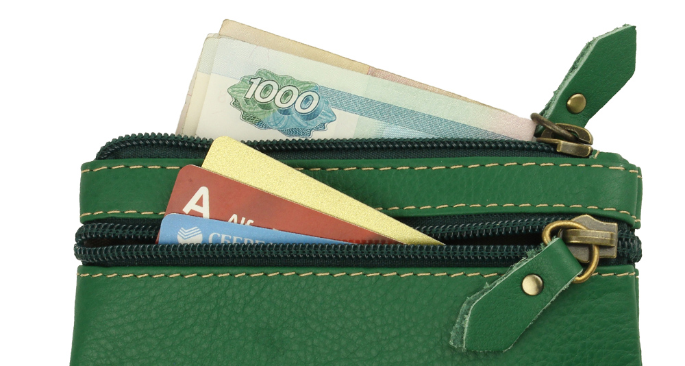 зеленый кожаный кошелёк для пластиковых карт и купюр
