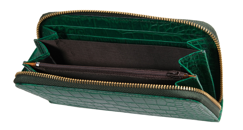 женский кожаный кошелёк на молнии из 100% зелёной кожи с тиснением под крокодила
