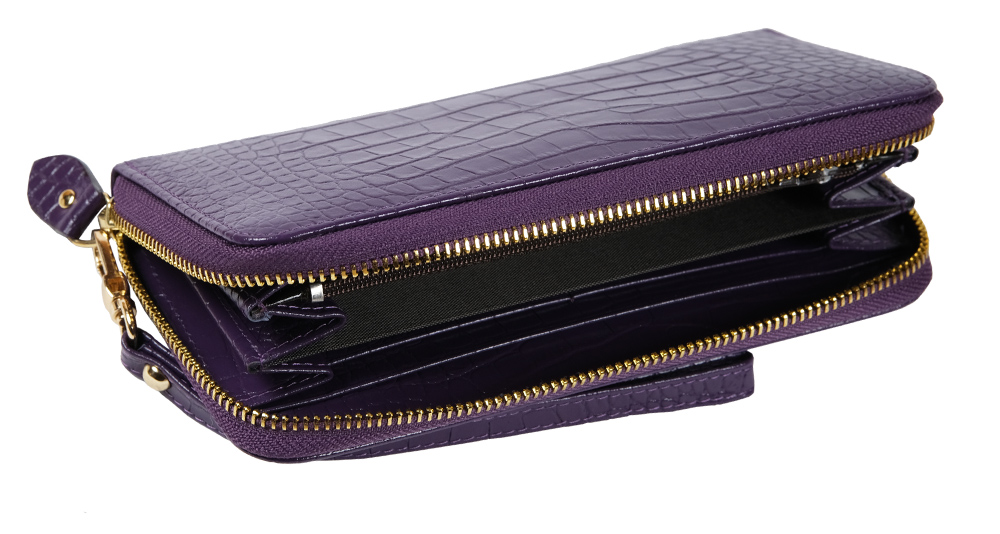 женский кожаный кошелёк на молнии из 100% кожи фиолетовый с тиснением под крокодила