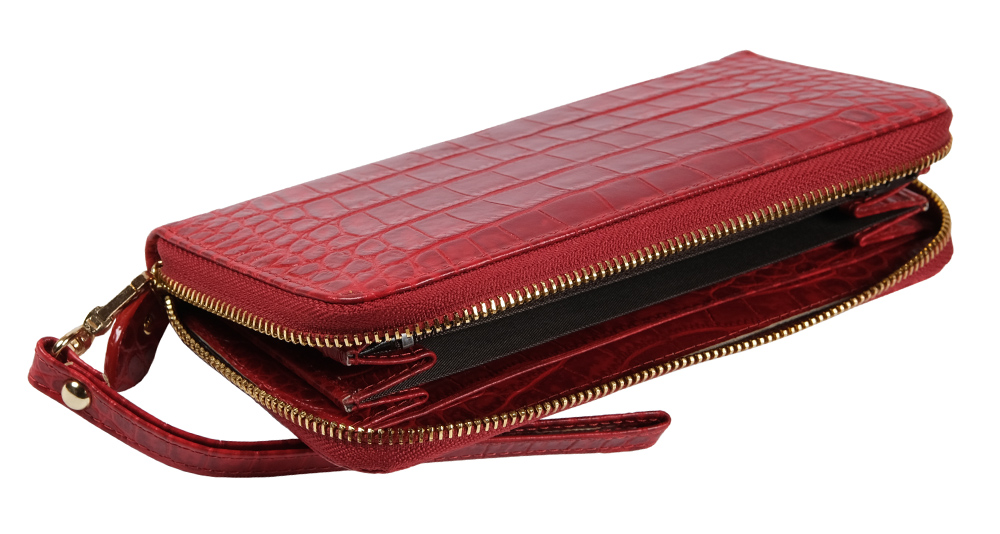 женский кожаный кошелёк на молнии из 100% кожи красный с тиснением под крокодила