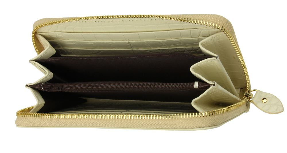 женский кожаный кошелёк на молнии из 100% кожи белый с тиснением под крокодила