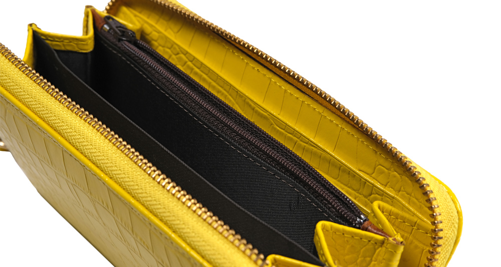 женский кожаный кошелёк на молнии из 100% жёлтой кожи с тиснением под крокодила