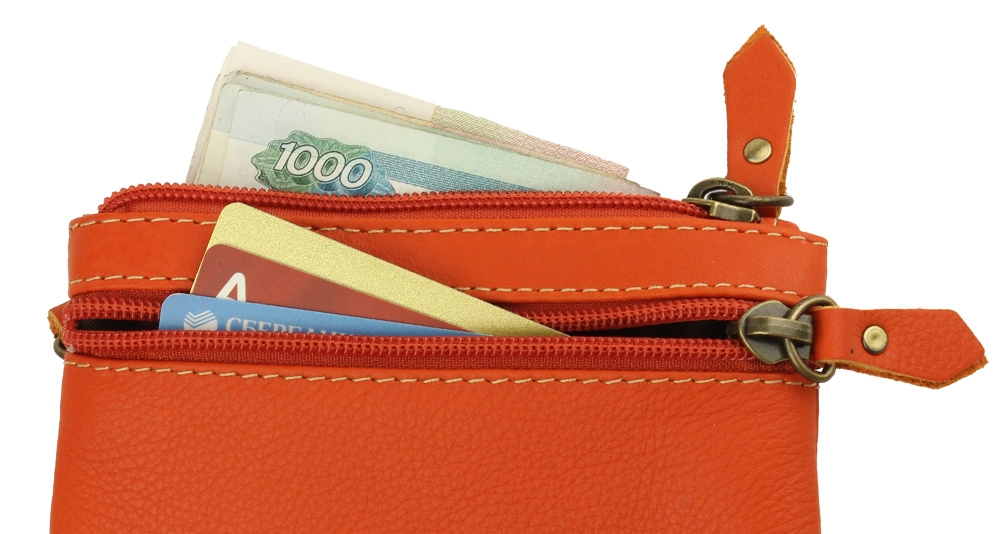 оранжевый кожаный кошелёк для пластиковых карт и купюр