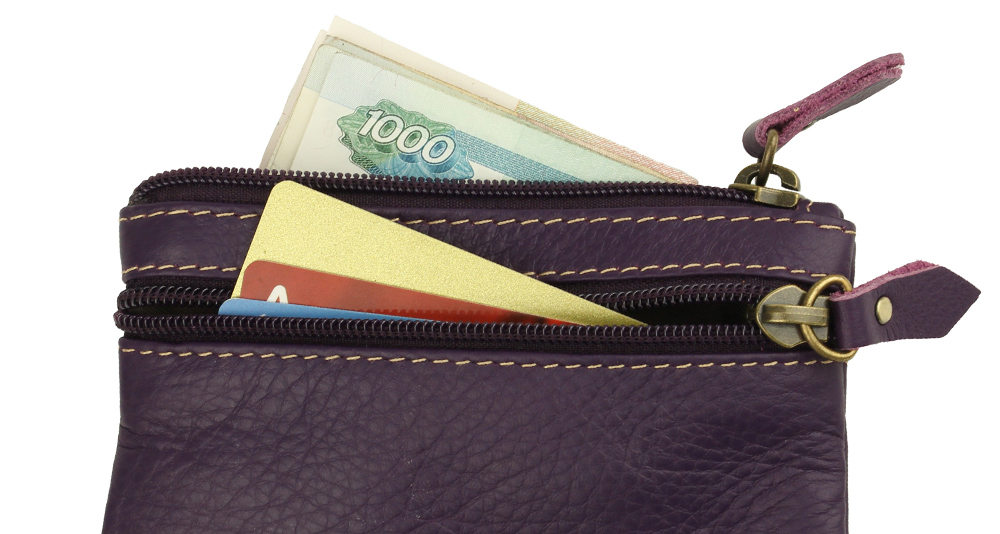 фиолетовый кожаный кошелёк для пластиковых карт и купюр