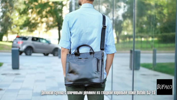 Черная деловая мужская сумка из гладкой телячьей кожи с наплечным ремнем Bufalo UJ-15
